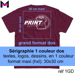 Marquage personnalisé en sérigraphie 1 couleur DOS pour vêtements grand format (hxl : 20x30) cm maxi, mini 10, tout compris