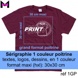 Marquage personnalisé en sérigraphie 1 couleur POITRINE pour vêtements grand format (hxl : 20x30) cm maxi, mini 10, tout compris