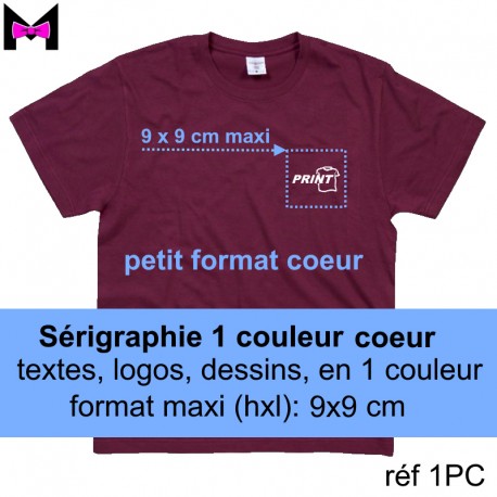 Marquage personnalisé en sérigraphie 1 couleur COEUR pour vêtements petit format côté cœur (9x9) cm maxi, mini 10, tout compris